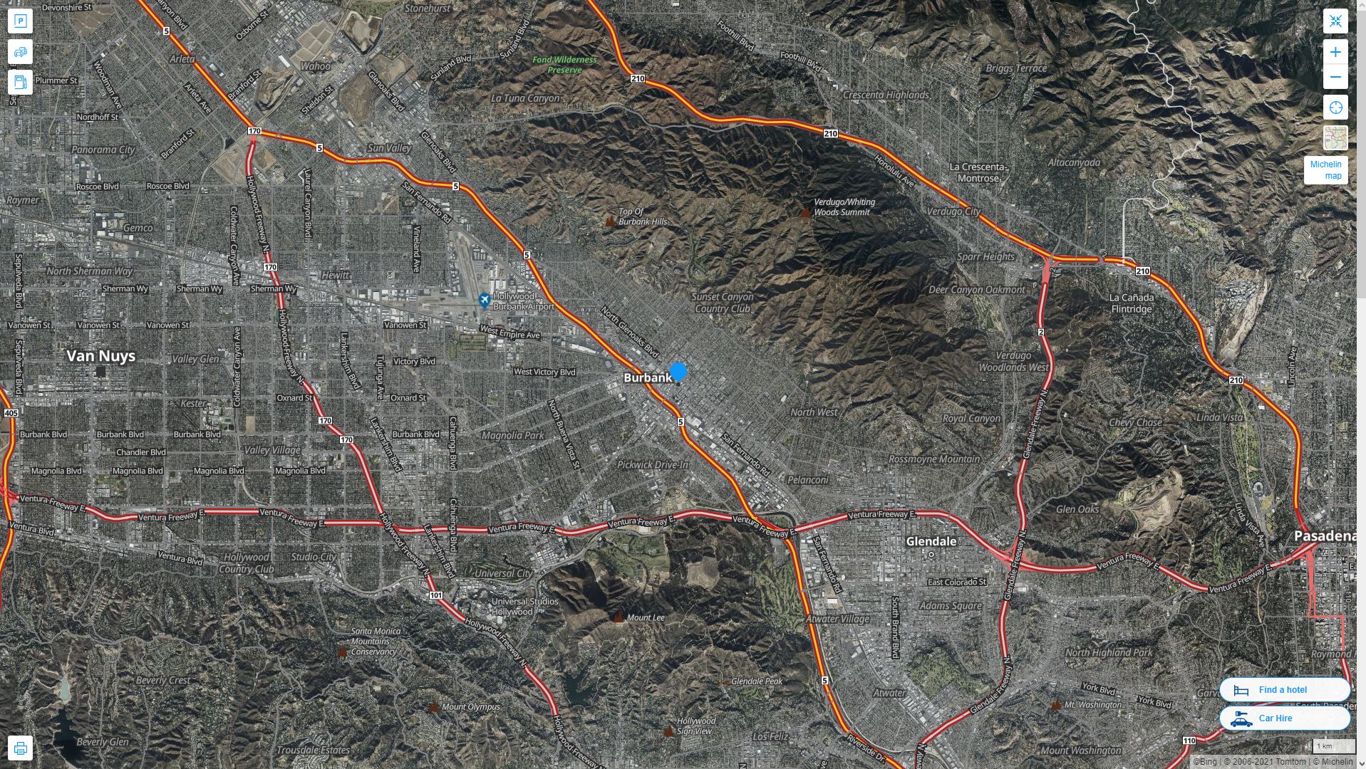 Burbank California Highway and Road Map with Satellite View